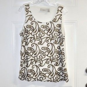 Chicos 30 Unforgettable Years Top Size 2 (Large) Sequin Cream Chiffon Paisley